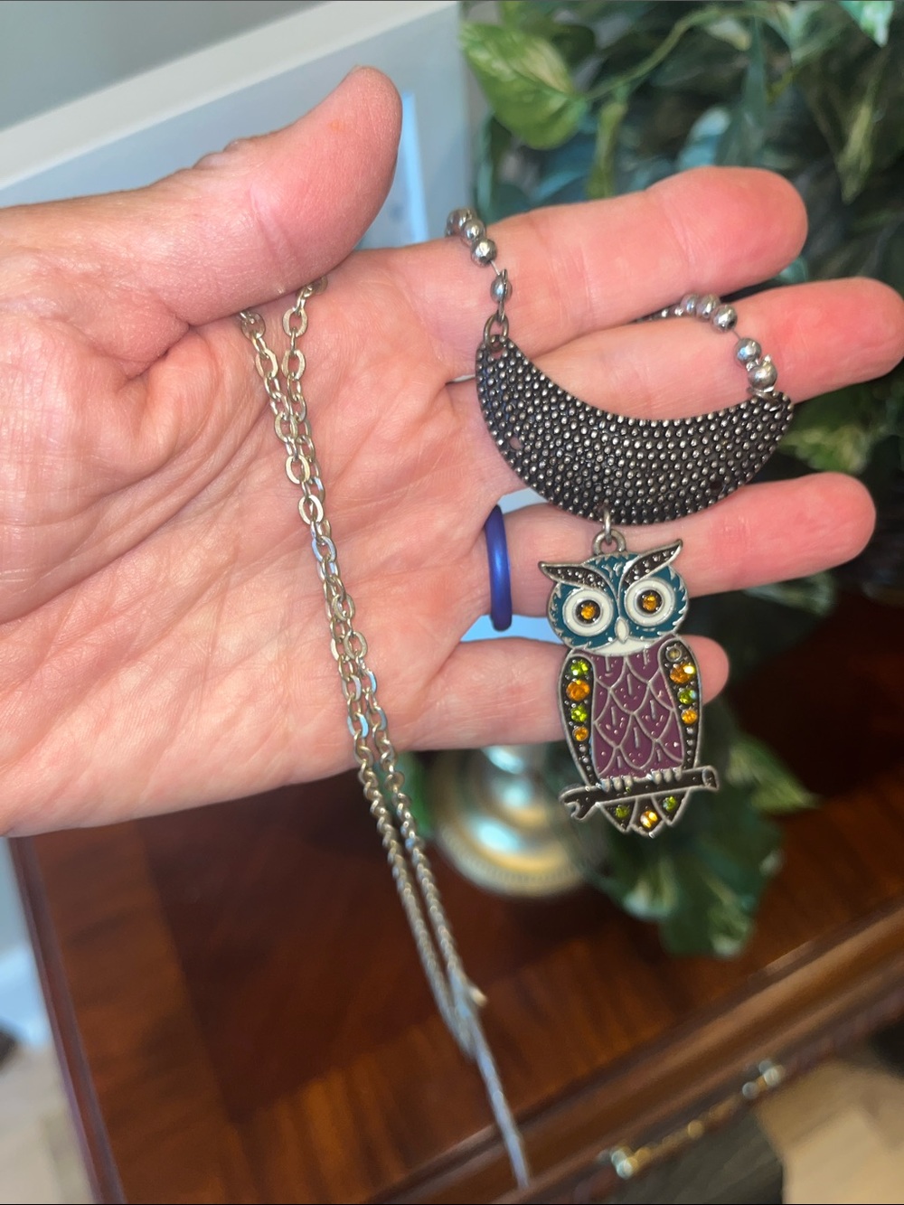 Purple Owl Pendant Long Necklace